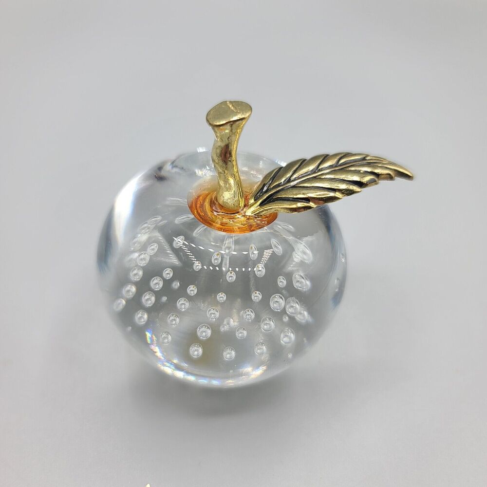 Bullicante Clear Glass Apple Paperweight Brass Stem Leaf #1
